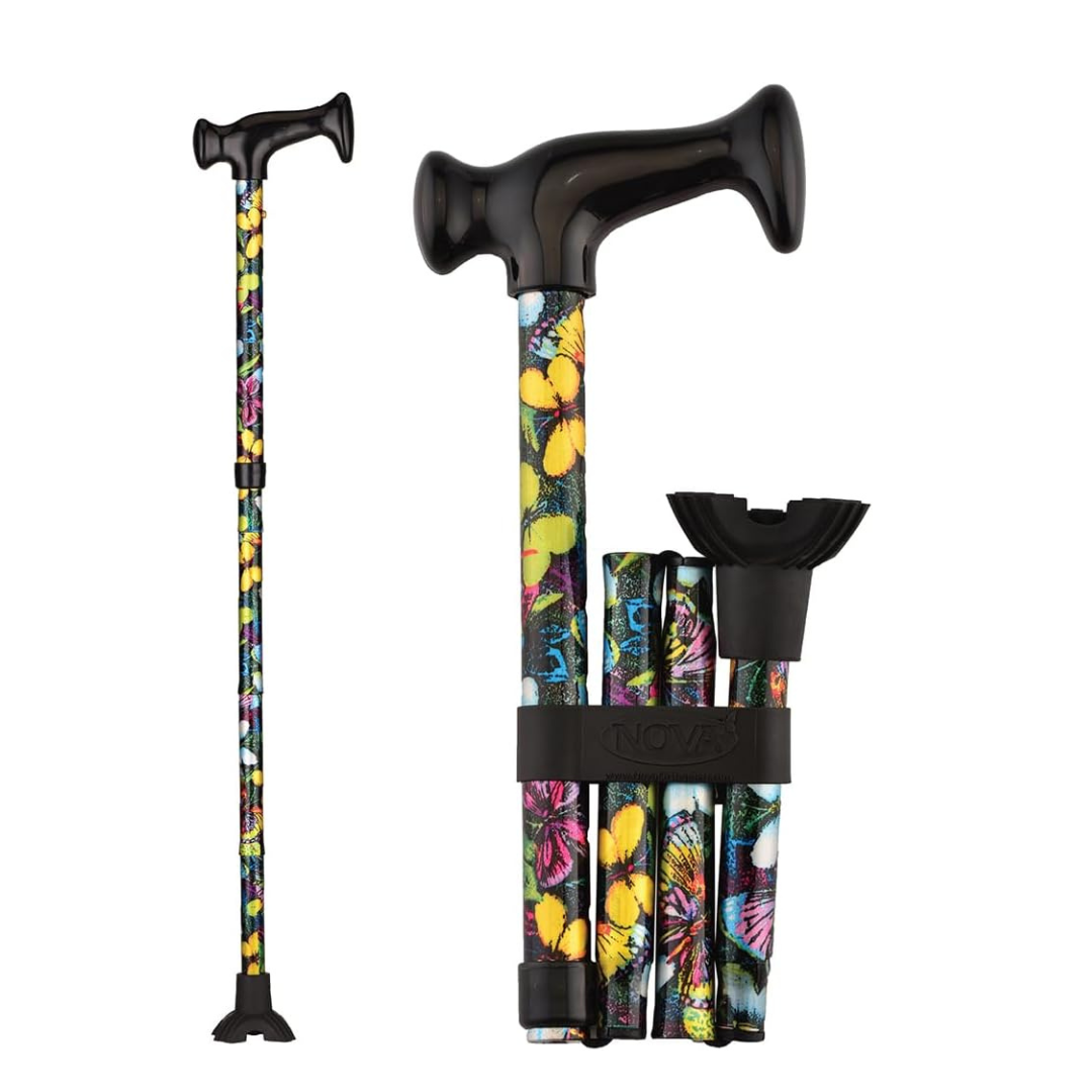 The Nova Folding Walking Cane with Wood Grip Handle & Quad Tip is shown extended and folded. This adjustable cane features a black strap, durable rubber quad tip, and ergonomic wood handle.